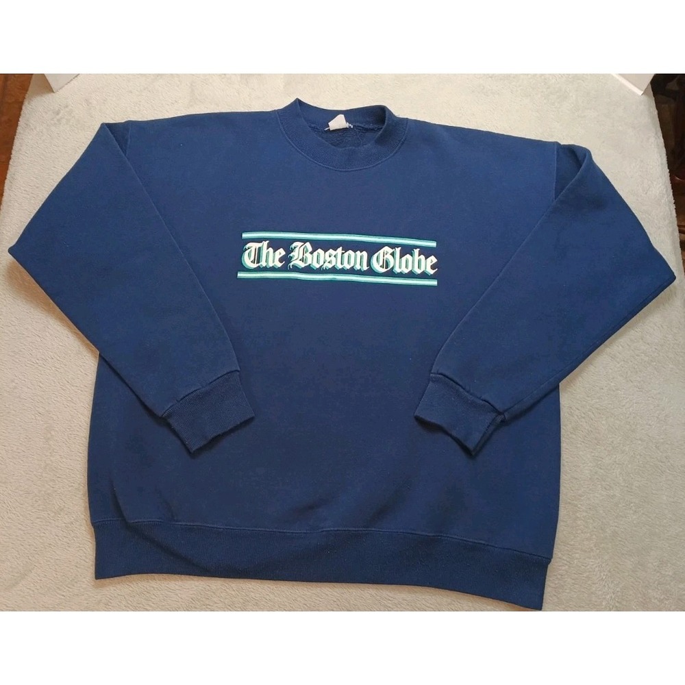Vintage 90s Rare Navy Blue Mens Sweatshirt XL "The Boston Globe" Newspaper USA.